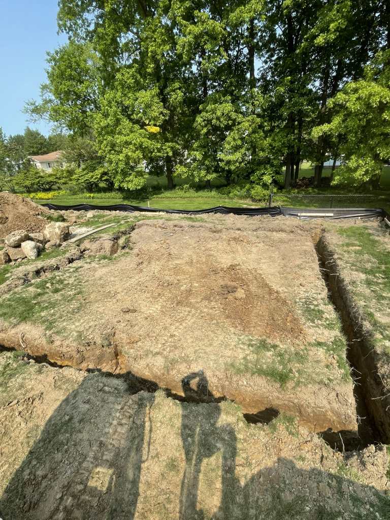 Excavated area with grass and trees