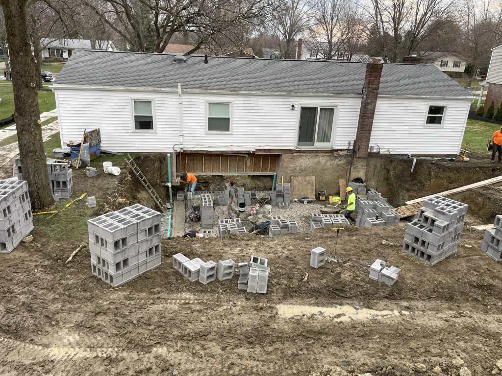 Construction site with cinder blocks