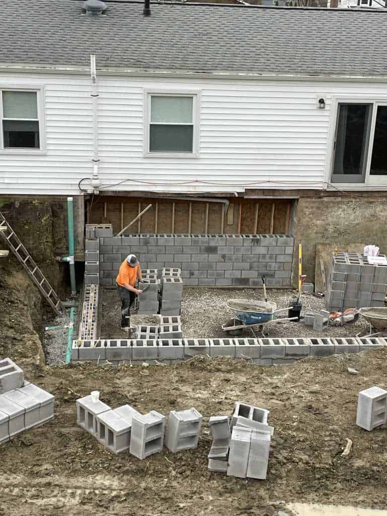 Construction site with block walls being built