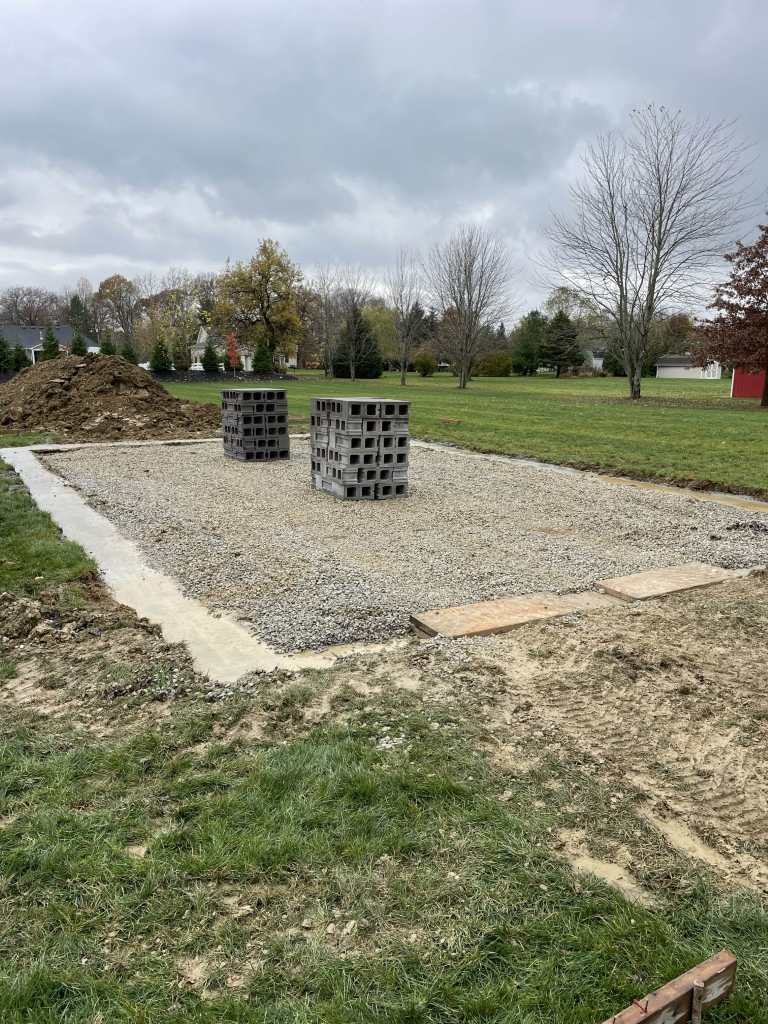 Gravel foundation with concrete block pillars