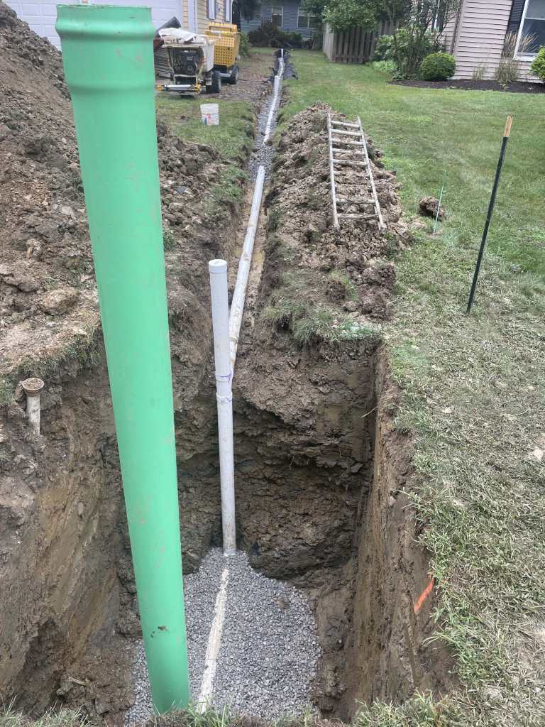 Excavated trench with sewer pipes installed