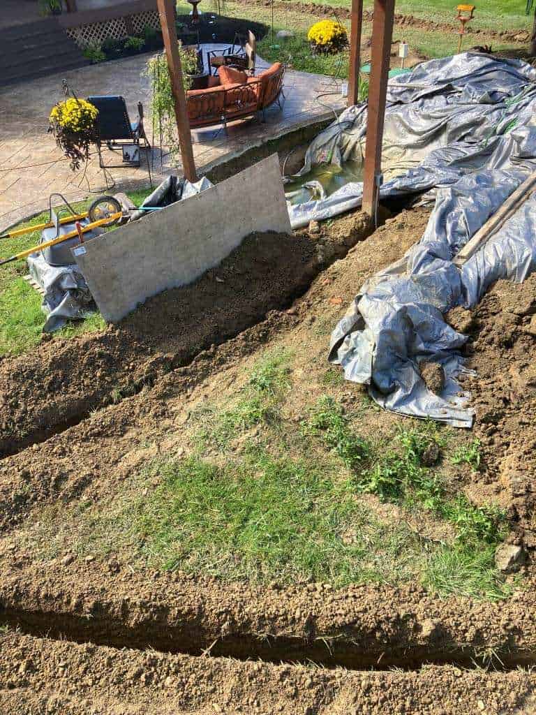 Excavated area with landscaping materials