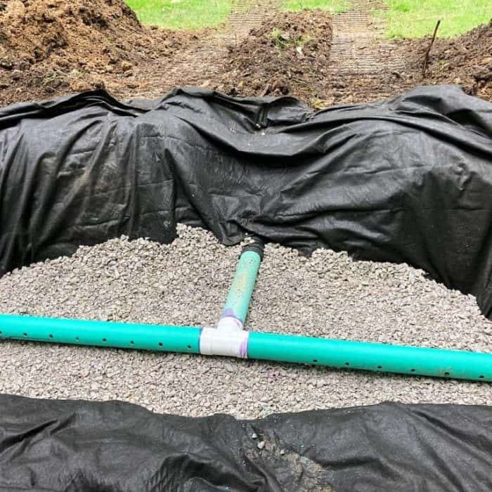 Gravel-filled trench with drainage pipes