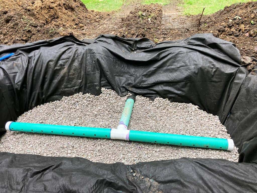 Gravel-filled trench with drainage pipes